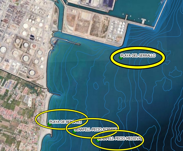 ubicación de yacimientos arqueológicos costa de castellón y Almassora