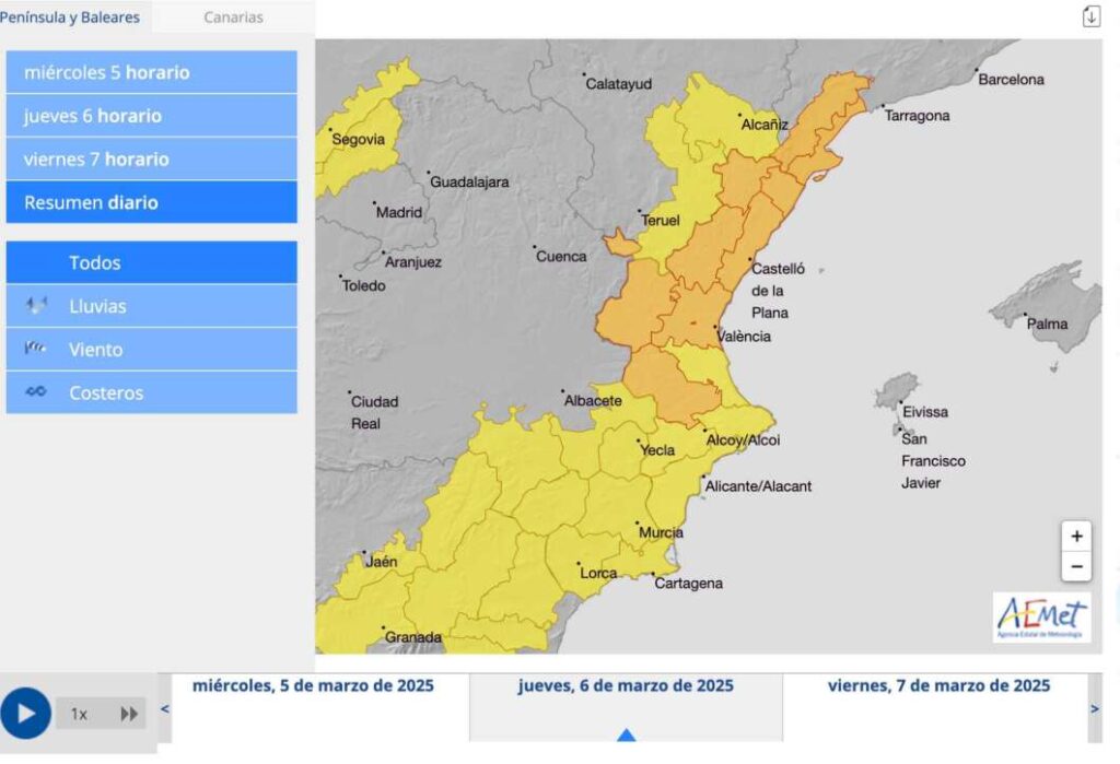 Temporal de lluvia. Previsiones Aemet para jueves 6 de marzo