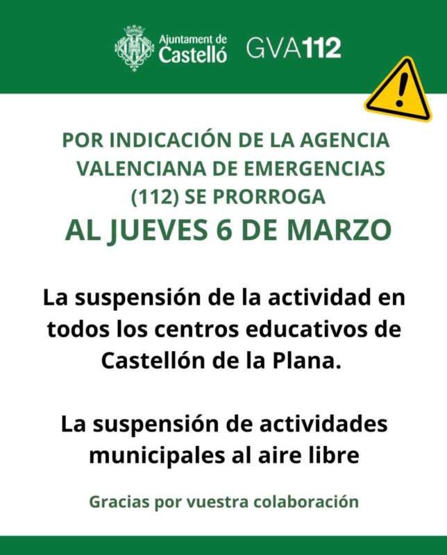 Temporal de Lluvias, El Cecopald e Castellón prolonga la emergencia y sus pensión de clases al jueves 050325